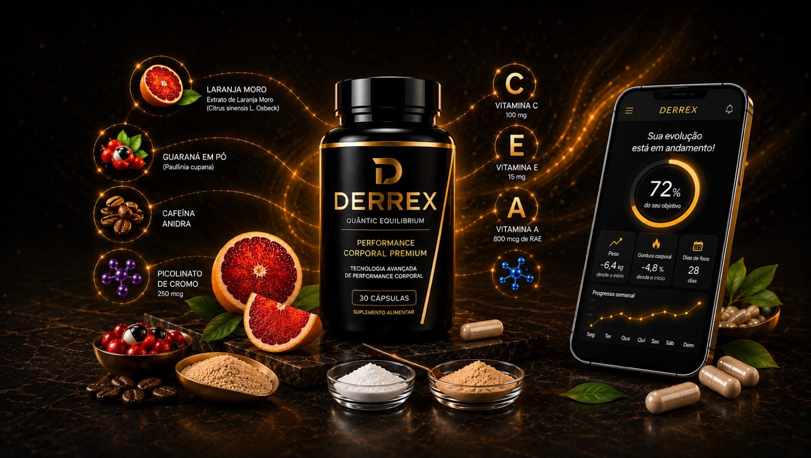 Frasco Derrex com ingredientes — Laranja Moro, Guaraná, Cafeína anidra, Picolinato de Cromo e Vitaminas A, C e E — ao lado do aplicativo de acompanhamento